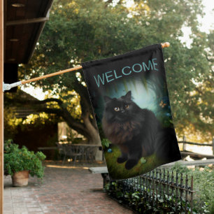 Fluffy Black Cat in Misty Woods Welcome House Flag
