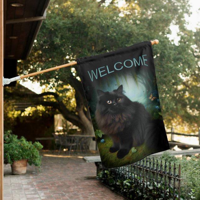 Fluffy Black Cat in Misty Woods Welcome House Flag (In SItu)
