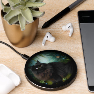 Fluffy Black Cat in Misty Woods Wireless Charger