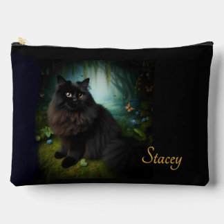 Fluffy Black Cat in Misty Woods with Name Accessory Pouch
