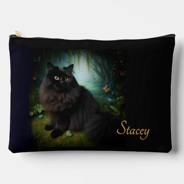 Fluffy Black Cat in Misty Woods with Name Accessory Pouch (Front)