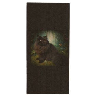 Fluffy Black Cat in Misty Woods Wood Flash Drive