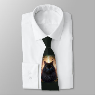 Fluffy Black Cat with Gold Eyes Dark Green Neck Tie
