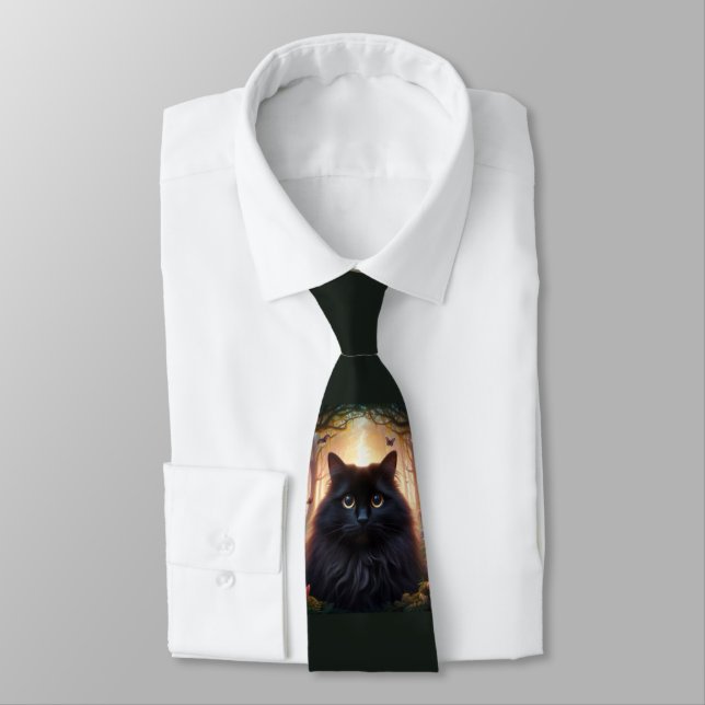 Fluffy Black Cat with Gold Eyes Dark Green Neck Tie (Tied)