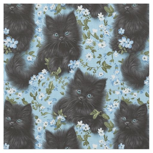 Fluffy Black Kittens & Flowers Seamless Pattern Fabric