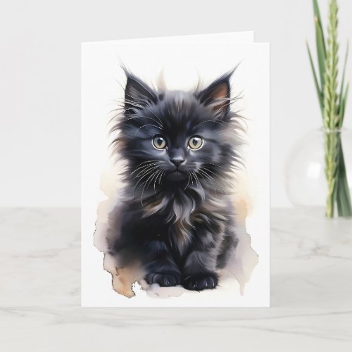 Fluffy Black Long_Haired Cat Watercolor Blank  Card