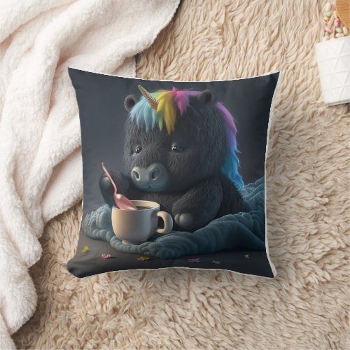 Fluffy black Unicorn pillow