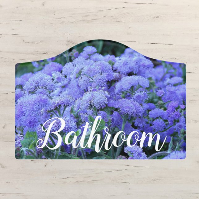 Fluffy Blue Ageratum Floral Bathroom Door Sign (In Situ)