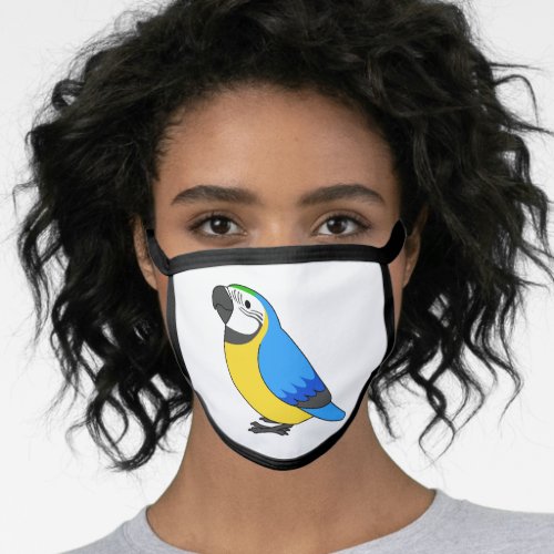 Fluffy blue and gold macaw parrot cartoon drawing face mask
