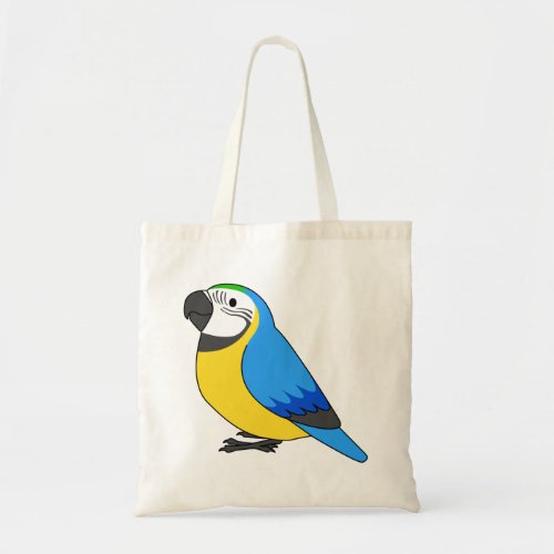 Fluffy blue and gold macaw parrot cartoon drawing tote bag