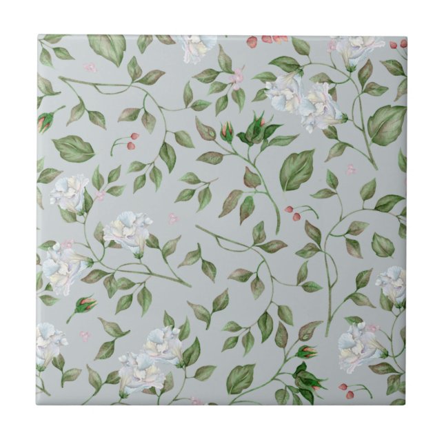 Fluffy Blue Flowers and Rose Hips Ceramic Tile (Front)