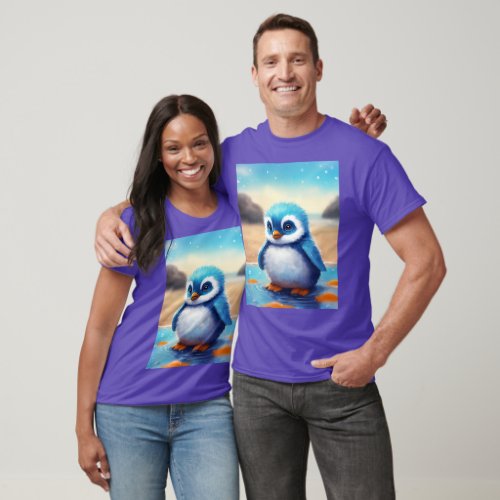 Fluffy Blue Penguin and Cute Creature Digital Art  T_Shirt