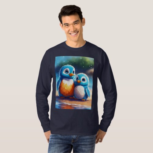 Fluffy Blue Penguin and Cute Creature Digital Art  T_Shirt