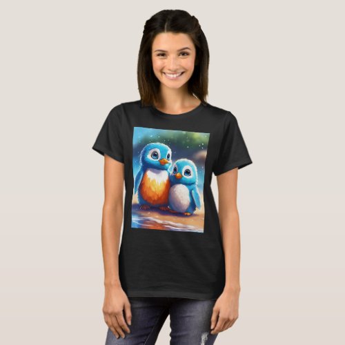 Fluffy Blue Penguin and Cute Creature Digital Art  T_Shirt