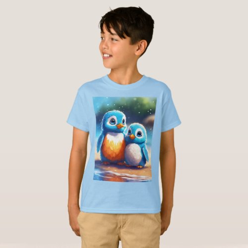 Fluffy Blue Penguin and Cute Creature Digital Art  T_Shirt