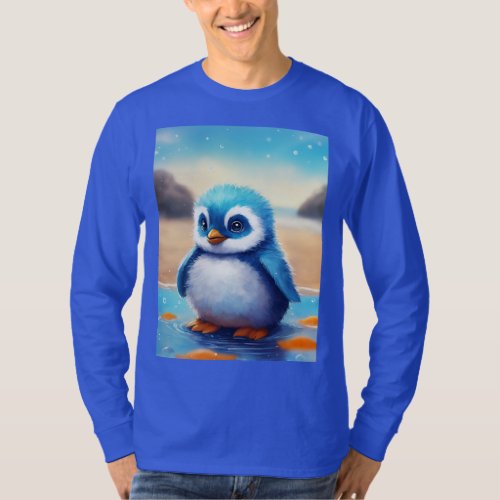 Fluffy Blue Penguin and Cute Creature Digital Art  T_Shirt