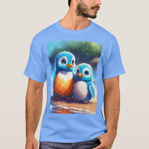 Fluffy Blue Penguin and Cute Creature Digital Art  T_Shirt