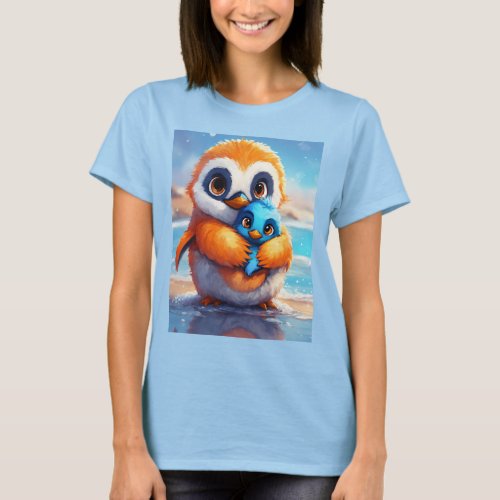 Fluffy Blue Penguin and Cute Creature Digital Art  T_Shirt