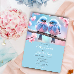  Fluffy Bluebirds and Cherry Blossom Baby Shower Invitation