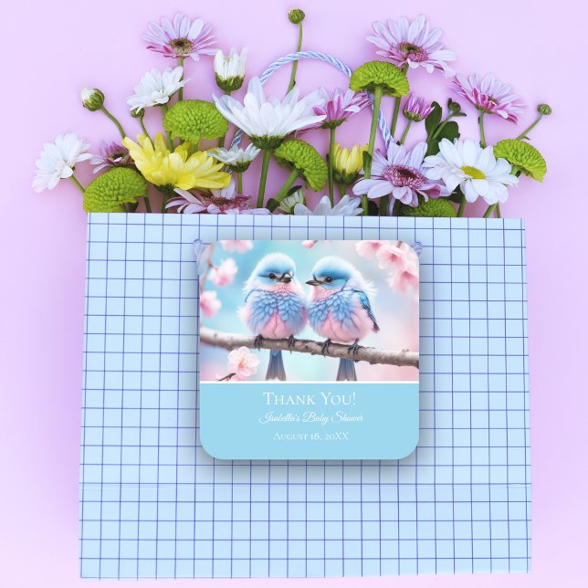 Fluffy Bluebirds and Cherry Blossom Baby Thank You Square Sticker (Whimsical baby shower stickers featuring cherry blossoms and fluffy songbirds.)