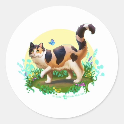 Fluffy Calico Cat with Butterfly Classic Round Sticker