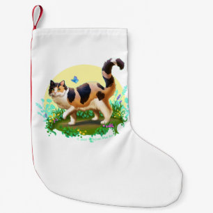 Fluffy Calico Cat with Butterfly Small Christmas Stocking