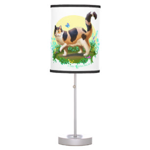 Fluffy Calico Cat with Butterfly Table Lamp