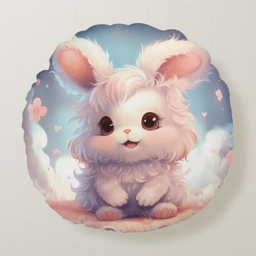 Fluffy Cartoon Bunny Round Pillow