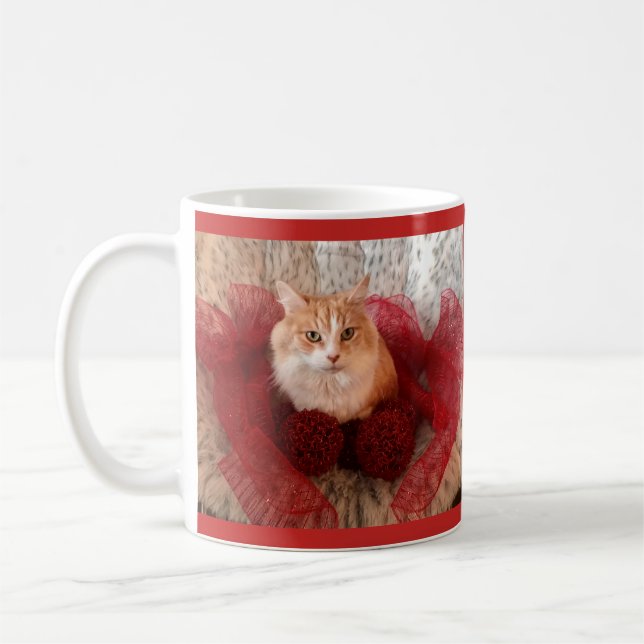 Fluffy Cat and Red Ribbon Mug (Left)