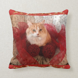 Fluffy Cat and Red Ribbon Throw Pillow