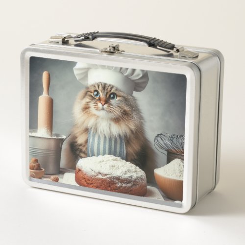 Fluffy cat baking a cake metal lunch box