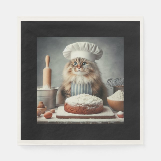 Fluffy cat baking a cake napkins (Front)