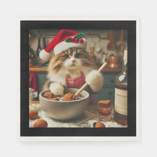 Fluffy cat baking boozy christmas pudding napkins