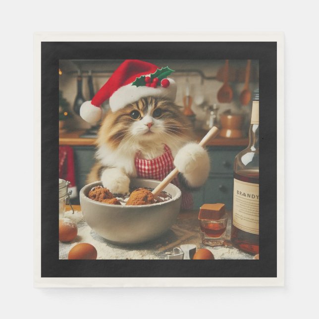 Fluffy cat baking boozy christmas pudding  napkins (Front)