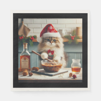 Fluffy cat baking boozy christmas pudding napkins