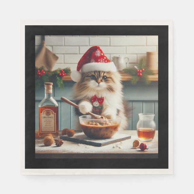 Fluffy cat baking boozy christmas pudding  napkins (Front)