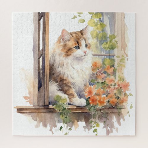 Fluffy Cat Farmhouse Window Orange Floral Painting Jigsaw Puzzle