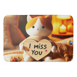 Fluffy Cat Holding an 'I Miss You' Engraved Heart Bath Mat