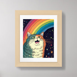 Fluffy Cat in Space With Rainbow Framed Art