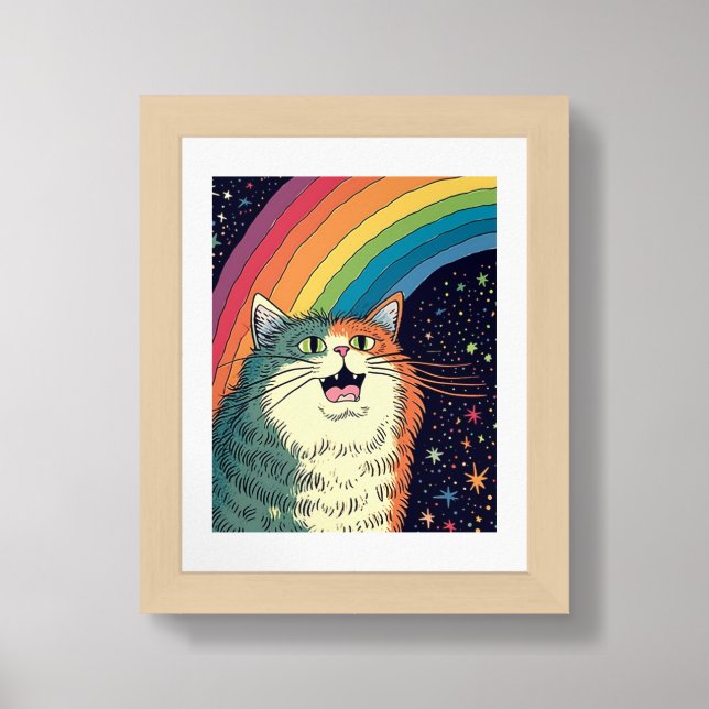 Fluffy Cat in Space With Rainbow Framed Art (Framed Front)
