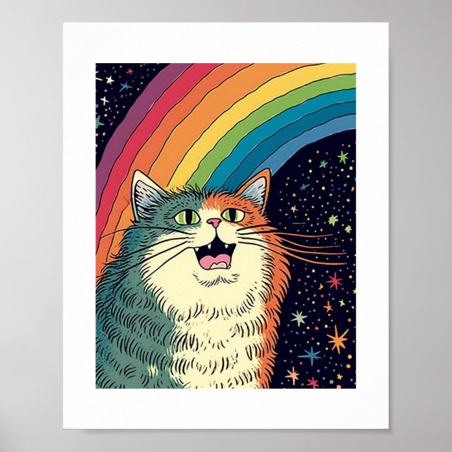 Fluffy Cat in Space With Rainbow Framed Art (Front)