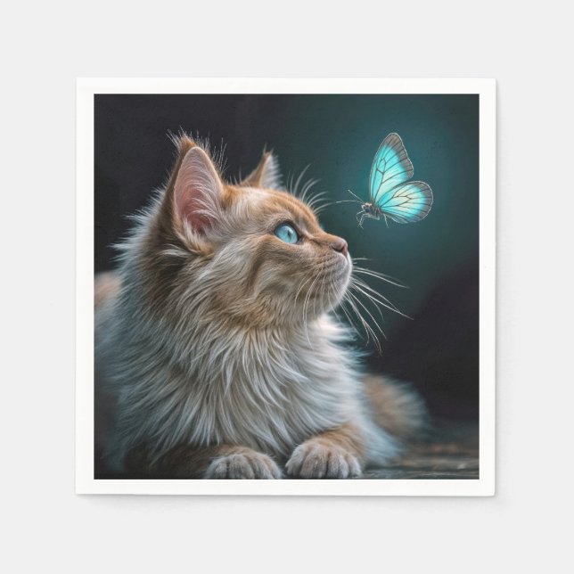 Fluffy Cat With a Glowing Neon Butterfly Napkins (Front)