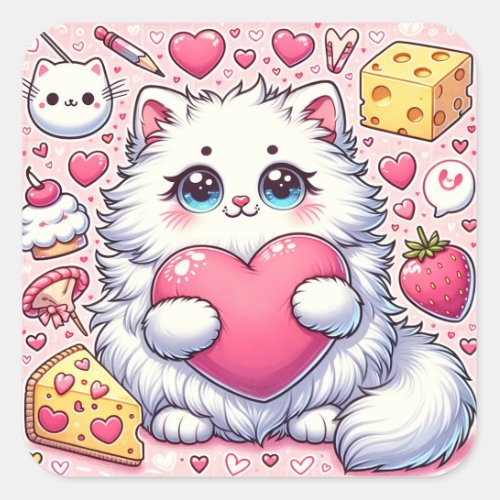Fluffy Cats Valentine Heart Embrace Square Sticker