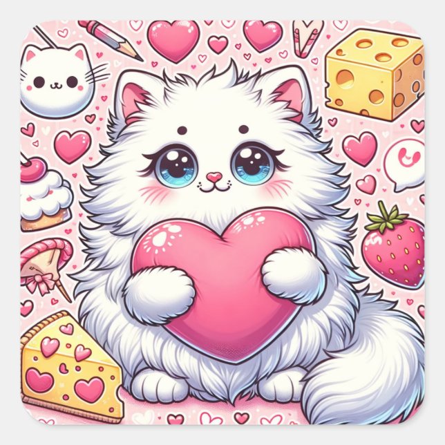 Fluffy Cat's Valentine Heart Embrace Square Sticker (Front)