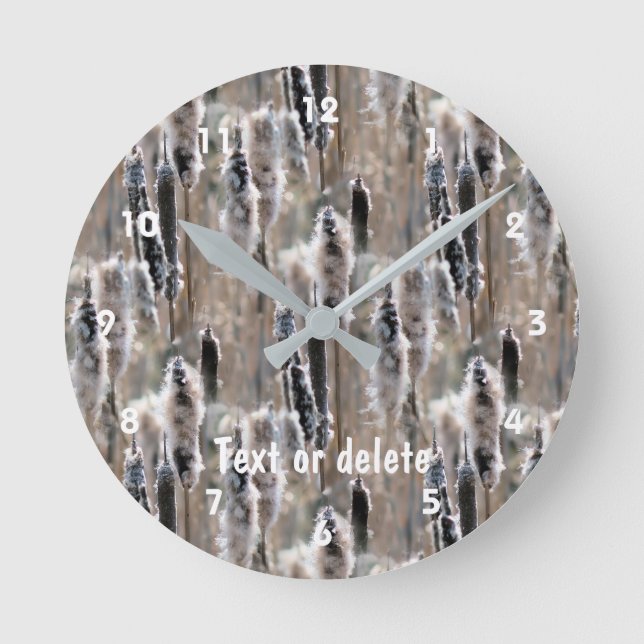Fluffy Cattails Nature Pattern Personalized Round Clock (Front)