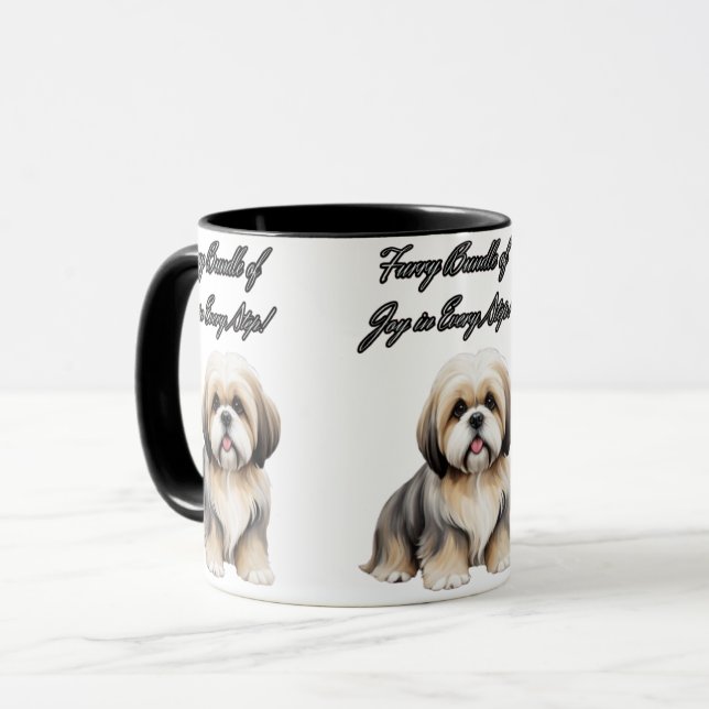 Fluffy Charm: Light Brown, Gray, and White Dog Mug (Front Left)