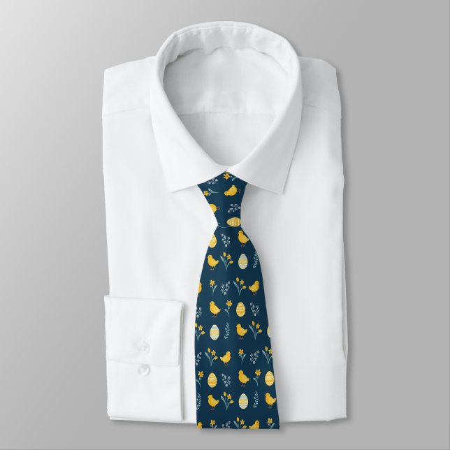 Fluffy Chicks, Eggs & Flowers Patterned Easter Neck Tie (Tied)