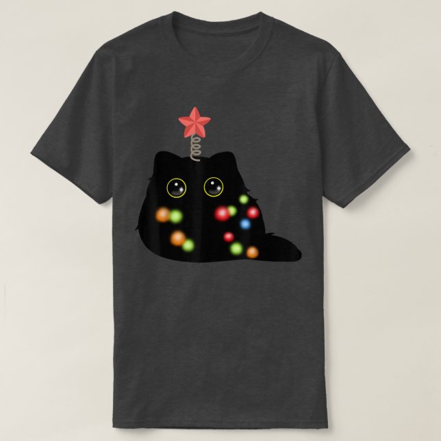 Fluffy Christmas Black Cat Santa Hat Xmas Lights23 T-Shirt (Design Front)