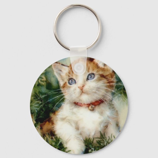 Fluffy christmas cat Watercolor Keychain (Front)