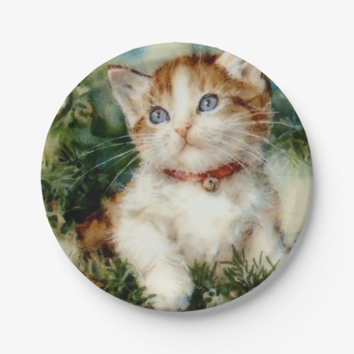 Fluffy christmas cat Watercolor Paper Plates